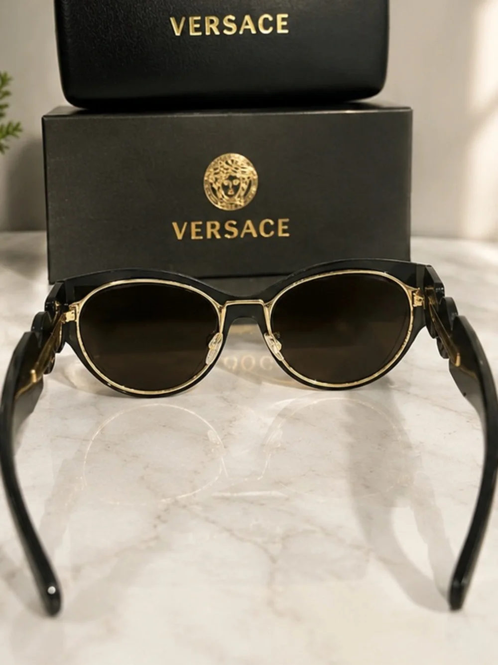 New Authentic Versace Black and Gold Sunglasses With Case and Box